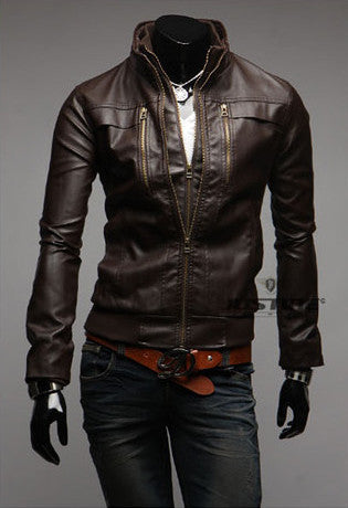 3 Zipper Slim Fit Faux Leather Motorcycle Jacket