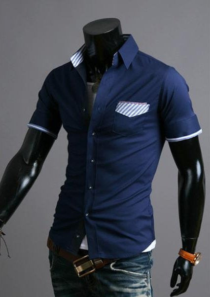 Striped Pocket Short Sleeves Slim Fit Casual Shirt