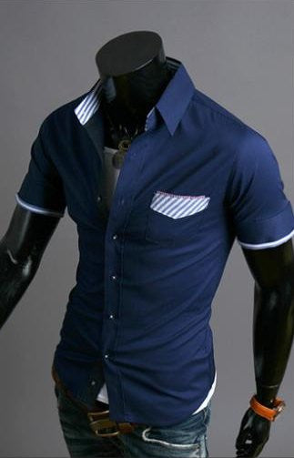 Striped Pocket Short Sleeves Slim Fit Casual Shirt