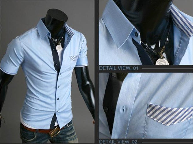 Striped Pocket Short Sleeves Slim Fit Casual Shirt