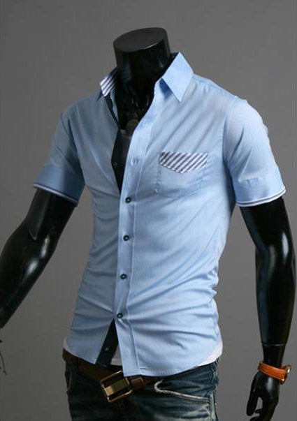 Striped Pocket Short Sleeves Slim Fit Casual Shirt