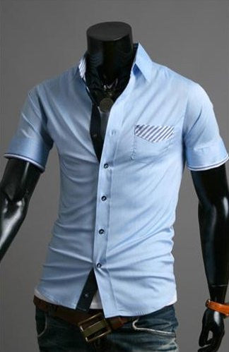 Striped Pocket Short Sleeves Slim Fit Casual Shirt