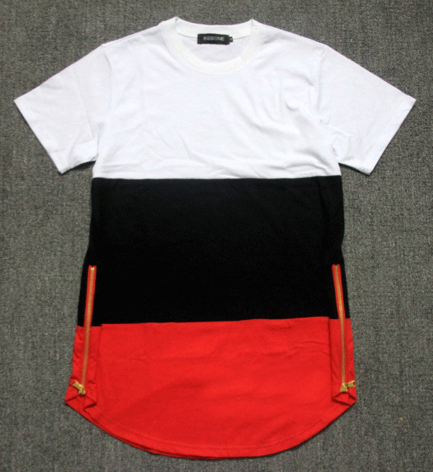 Streetwear/urban/trap style men's t shirts white black red patchwork golden side zipper