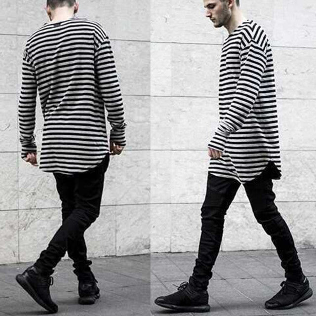 Urban/Trap/Jeezy Style Men's t shirt long sleeve striped cotton curved hem bottom